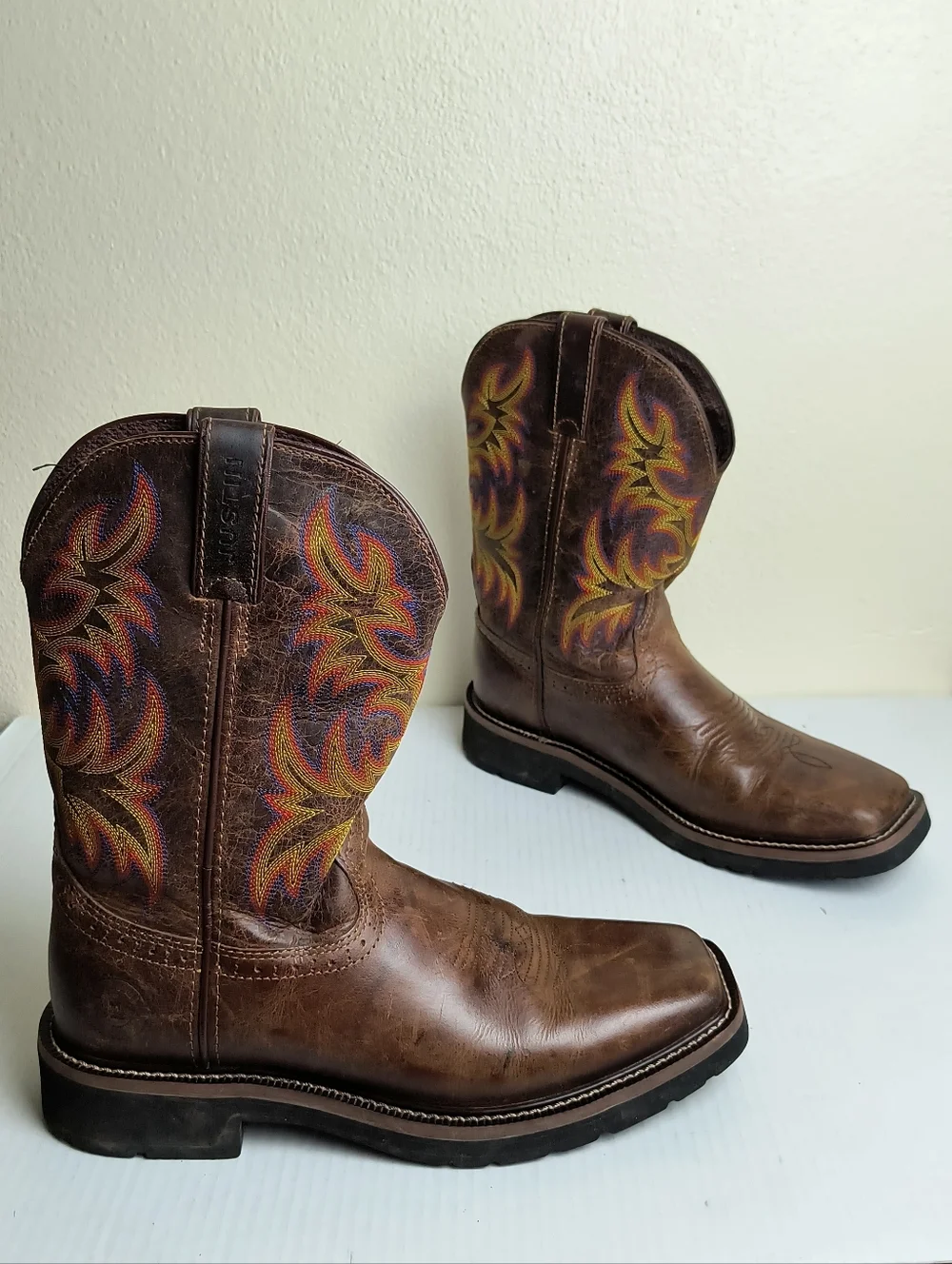 Justin 8.5D Work Boots Men's Brown Embroidery Western Square Steel Toe WK4681